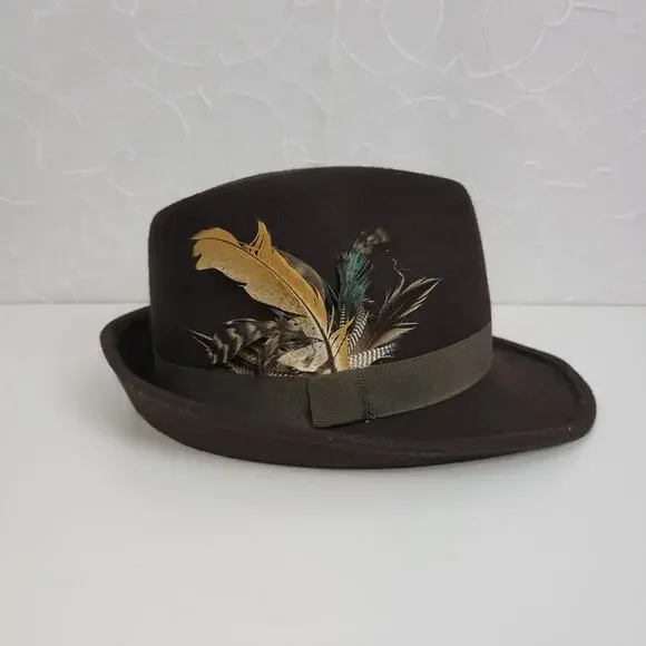 Target Wool Fancy Fedora Hat One Size Brown Guinea Feathers Canvas Satin Trim - Picture 1 of 9